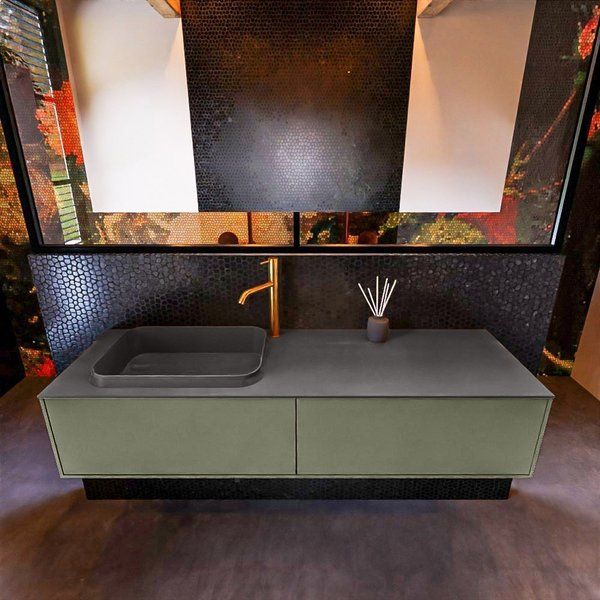 Mondiaz ERIN 150cm badmeubelset onderkast Army met 2 lades + Wastafel RIDGE links Dark grey