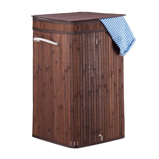 Relaxdays vouwbare wasmand bamboe met hengsel - 70 L waszak vouwbaar - draagbaar wasbox bruin