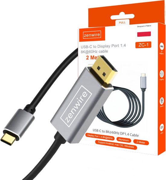 Zenwire ZC-1 Kabel - 2m - USB-C 3.1 - Thunderbolt 3.0 naar DisplayPort - converter kabel met 8K ondersteuning