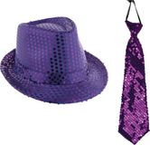 Merkloos Carnaval set de déguisement - chapeau à paillettes et cravate - violet - adultes - avec paillettes