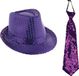 Merkloos Carnaval set de déguisement - chapeau à paillettes et cravate - violet - adultes - avec paillettes