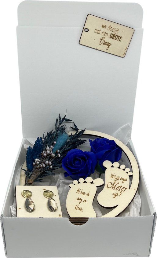 Geschenkbox Wil jij mijn METER zijn? - blauw - droogbloemen - oorbellen