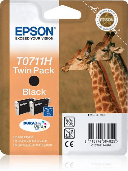 Epson Giraffe Dubbelpack Inktpatroon Black T0711H, duoverpakking T0711H DURABrite Ultra Ink single pack / zwart