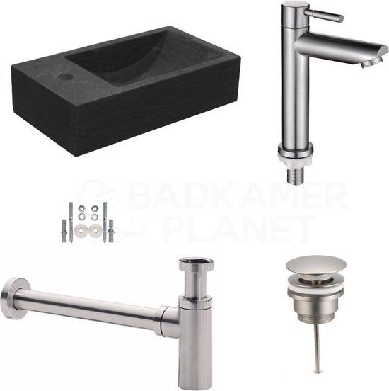 Sani Royal Natuursteen Fonteinset Rimini - 40x22x10 cm - RVS Kraan, Afvoer en Sifon