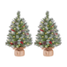 Yaheetech 2er-Set Mini-Weihnachtsbaum, 2 Fuß, batteriebetrieben mit 35 LED-Leuchten, Tannenzapfen, Beeren und Jutesockel, Grün