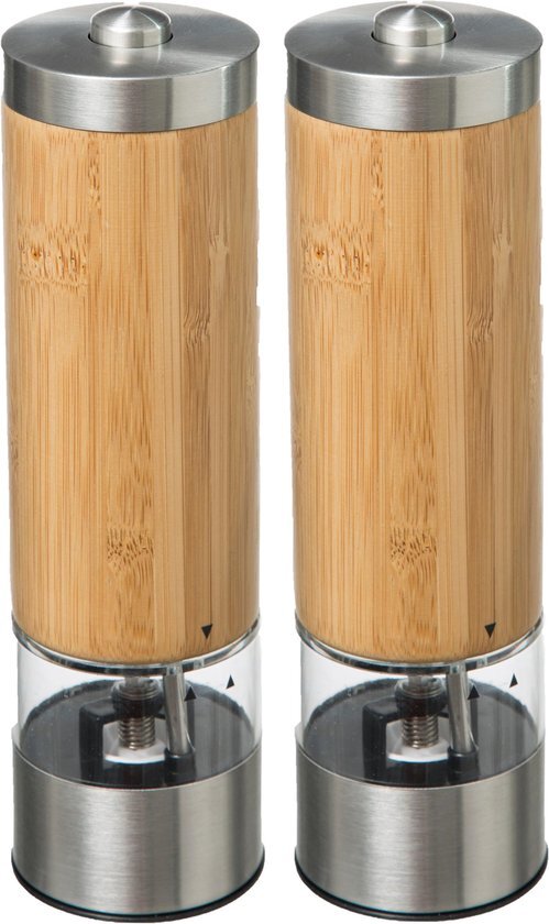 5five Set van 2x stuks electrische peper/zoutmolens bamboe beige 20 cm - Pepermaler - Kruiden en specerijen vermalers
