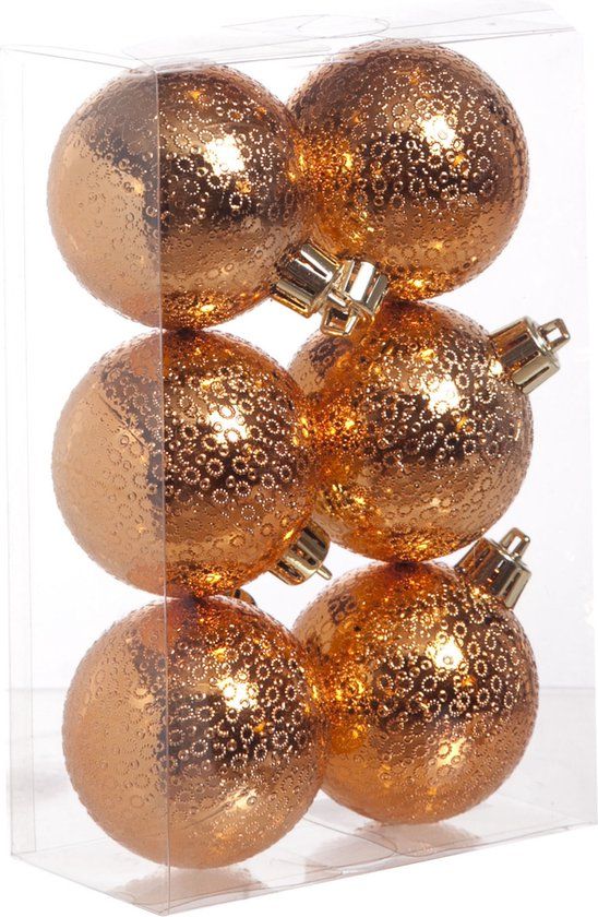 6x Koperen cirkel motief kerstballen 6 cm kunststof - Cirkel motief - Onbreekbare plastic kerstballen - Kerstboomversiering koper