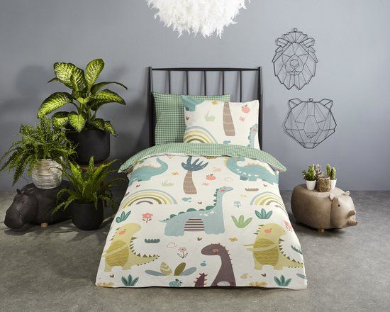 Good Morning dekbedovertrek vrolijke dino's - Peuter 120x150 cm - Groen - 100% Katoen renforce