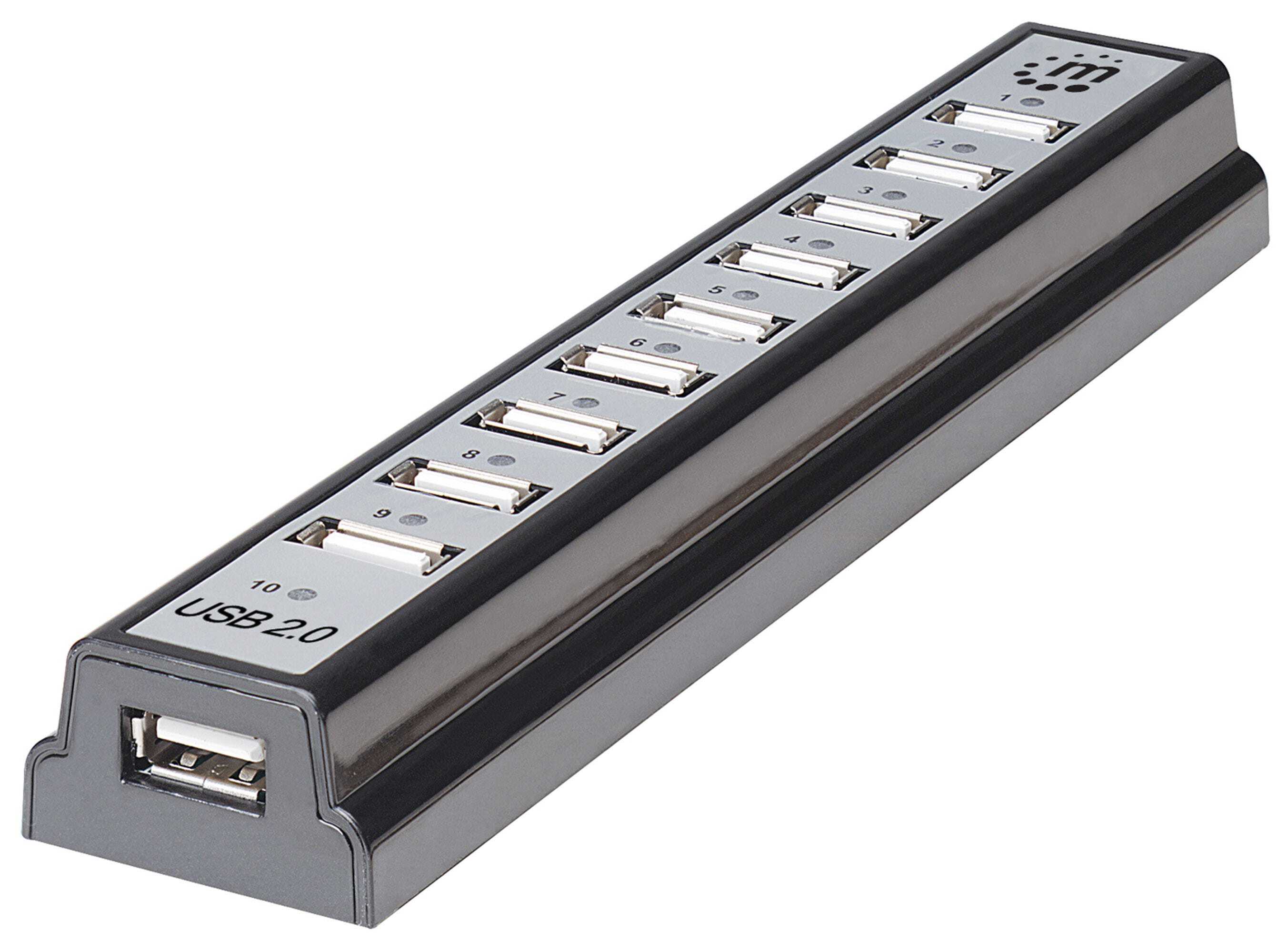 MANHATTAN USB 2.0 Desktop Hub, 10 Ports, Bus or AC Power, Black, Boxed (Euro 2-pin plug)
