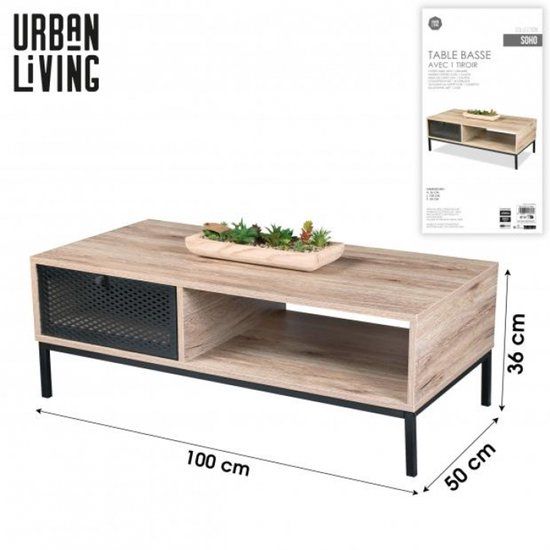 Urban Living SOHO Salontafel van Hout met Zwart Metaal 100x50x36 cm