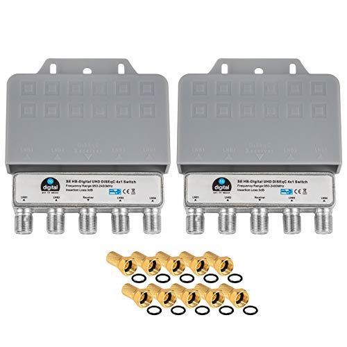 HB-DIGITAL 2X DiseqC switch switch 4/1 met weerbestendige behuizing 4X SAT LNB 1 x deelnemer/ontvanger voor Full HDTV 3D 4K UHD + 10 x vergulde F-stekker verguld