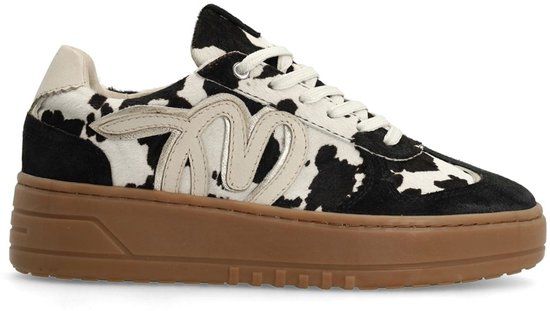 Manfield Dames Zwarte Cow Print Sneakers met Pony Hair - Maat 36