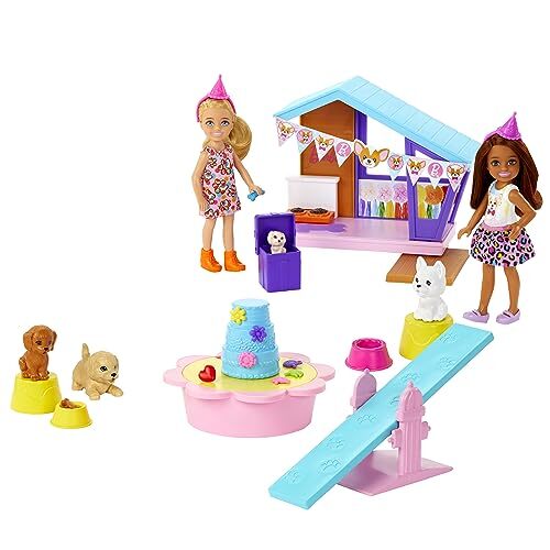Barbie Chelsea Doggy Party Twee poppen met huisdieren en speelset met accessoires, speelgoed + 3 jaar (Mattel HJY88)