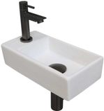 INK - Fonteinpack Porselein Links incl. Fonteinkraan - Design Sifon - Design Plug en Montageset - 360x180x90 Mm - Mat Wit/metal Black