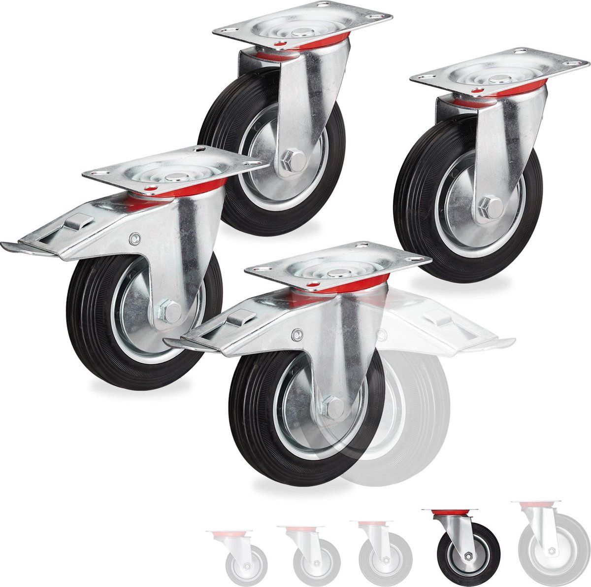 Relaxdays Zwenkwielen 4 stuks - Transportwielen - Meubelwielen - Bokwielen - 2 met rem 160 mm