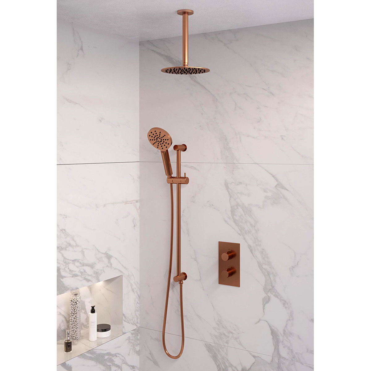 Brauer Regendoucheset 47 Inbouw Muur Copper Edition 20cm Rond Geborsteld Koper PVD 2 Greeps 3-weg met Thermostaatkraan Glijstang en Handdouche