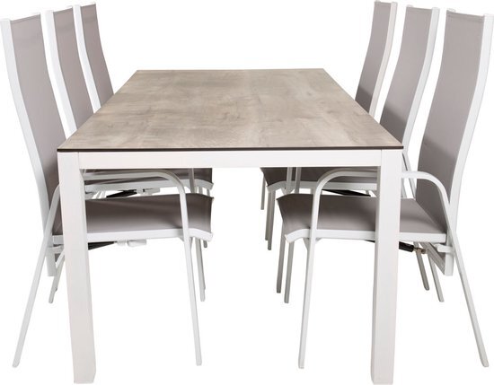 Hioshop Llama tuinmeubelset tafel 100x205cm en 6 stoel Copacabana wit, grijs, crèmekleur.