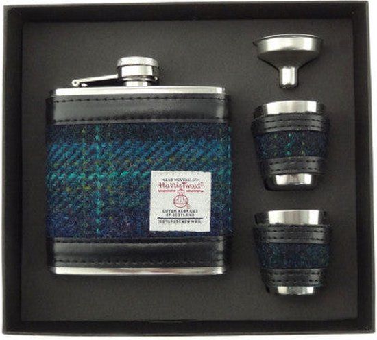 Heupfles Blauw en Turquoise - Luxe Set - Harris Tweed - Glen Appin of Scotland