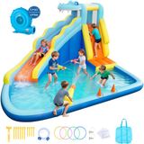 VEVOR Opblaasbaar Water Springkasteel voor Buiten, 353x400x235cm, Springkasteel met Waterglijbaan (Krokodillendesign) & Klimwand & Zwembadje & Ringwerpspel, voor 3-4 Kinderen (3 tot 8 Jaar)