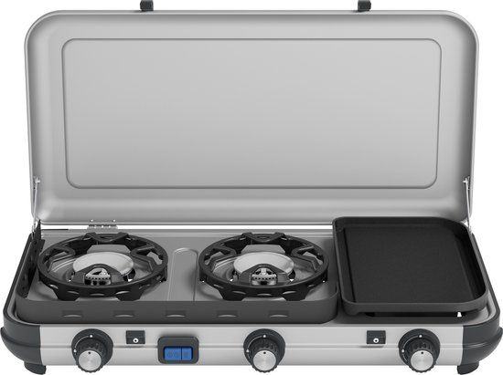 Campingaz Camping Kitchen 2 Multi-Cook Camping Cooker - 3-Piece Cooking Surface - Electronic Ignition - Silver Gray