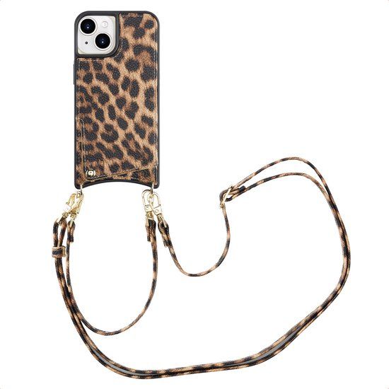 Selencia Hoesje - Geschikt voor Apple iPhone 15 - Backcover met koord en pashouder - Leopard