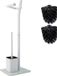 Unyqoos Ensemble de toilette - Blanc - 22 x 18 x 70 cm - Acier inoxydable - Base en verre avec brosse de toilette et porte-papier - Comprend 3 têtes de brosse de remplacement