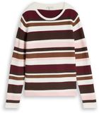 Tom Tailor Pullover en coton biologique à col rond et manches longues - Taille L - rayure marron camel rouge
