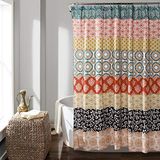 Lush Decor Douchegordijn, boho-strepen, 182,5 x 198 cm (b x l), turquoise en oranje, lang bohemien-douchegordijn, kleurrijke strepen, badkamerdecoratie
