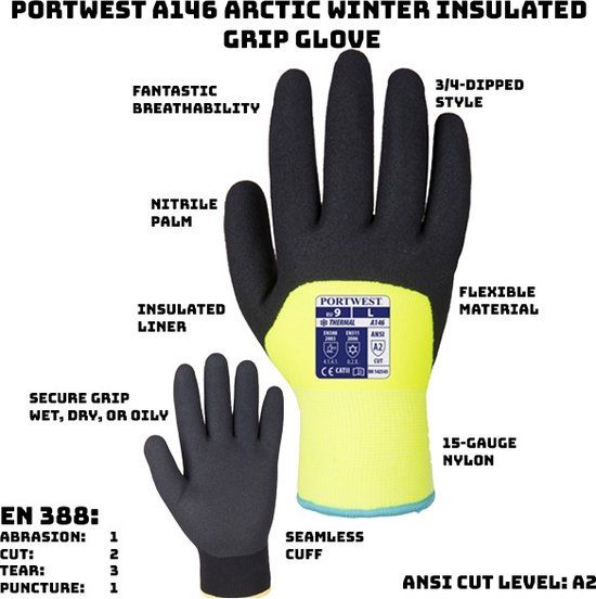 Portwest A146 Winter Arktis Gloves - Size 9 - Black