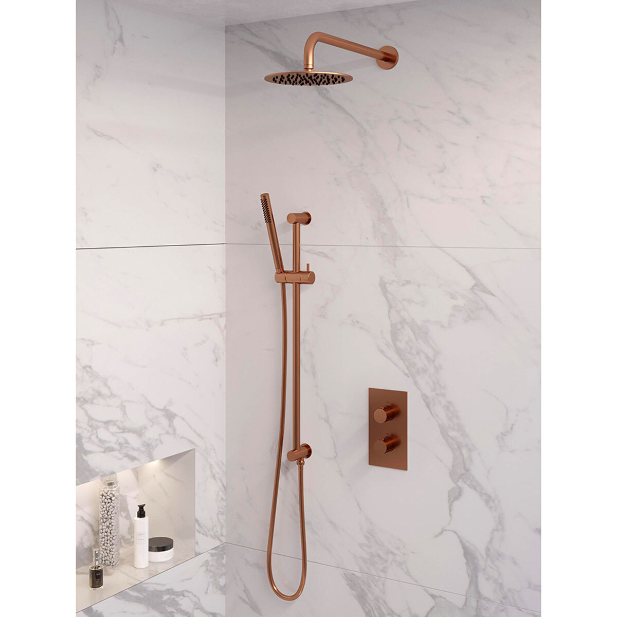 Brauer Regendoucheset 39 Inbouw Muur Copper Edition 20cm Rond Geborsteld Koper PVD 2 Greeps 3-weg met Thermostaatkraan Glijstang en Staafhanddouche