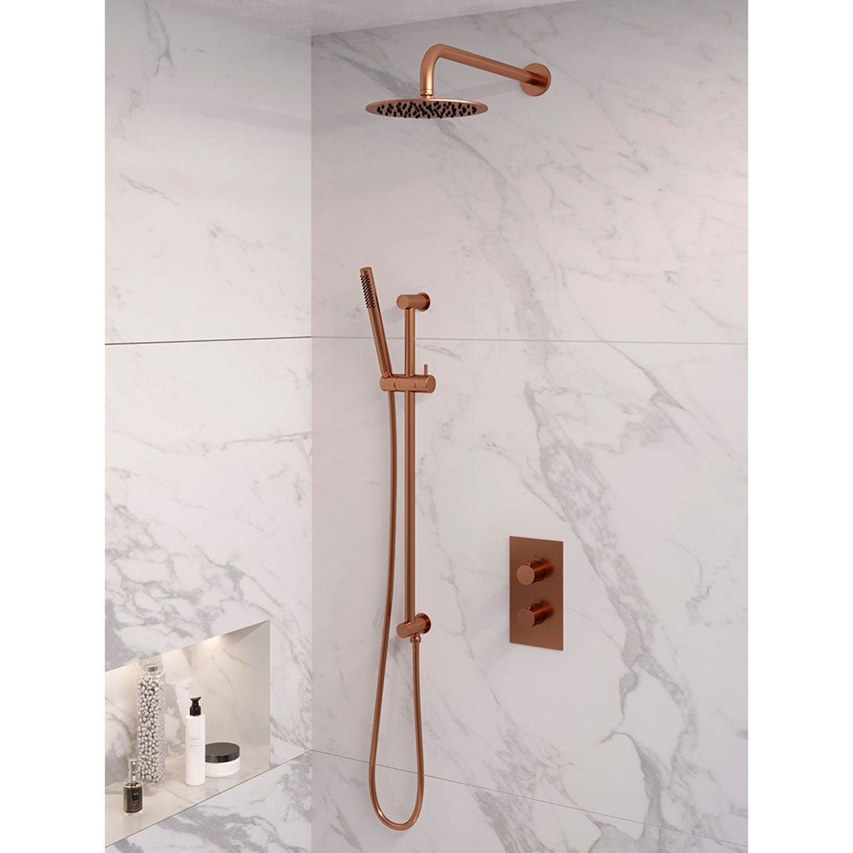 Brauer Regendoucheset 39 Inbouw Muur Copper Edition - Geborsteld Koper PVD - 20cm Rond - 2 Greeps 3-weg met Thermostaatkraan, Glijstang en Staafhanddouche