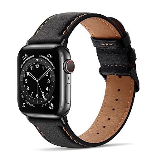 Tasikar Compatibel met Apple Watch Strap 38mm 40mm 41mm Echt Lederen Vervanging Armband - Zwart
