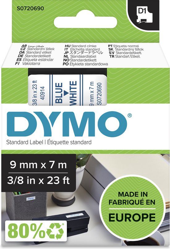 DYMO D1 Labels Blauw op Wit 9 mm x 7 m