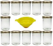 Viva Haushaltswaren - 12 x 219 ml jam jars with gold lids, round preserving jars for preserves, spice jars, glass jars etc. (incl. funnel)