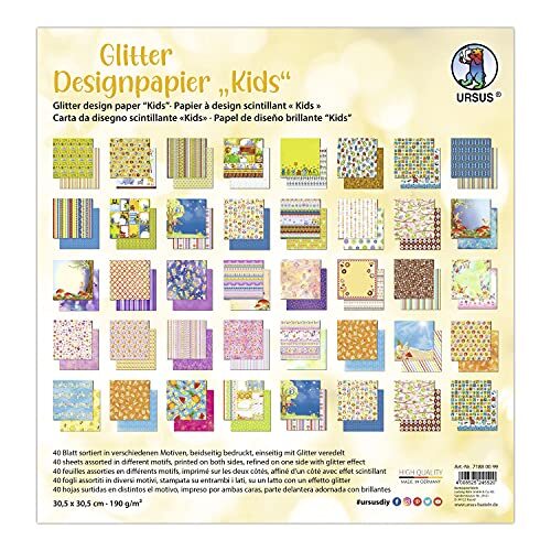 Ursus 71880099 Glitter Design Kids, Mix met 40 vellen dubbelzijdig motiefpapier, 190 g/m², 30,5 x 30,5 cm, voor- en achterkant elk verschillend bedrukt, kleurrijk