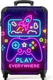 NoBoringSuitcases.com® Gaming Kinderkoffer Jongen - Kindertrolley - Handbagage Koffer Lichtgewicht - Reiskoffer Trolley Kinderen - Kinder Rolkoffer met Wieltjes - Paars/Blauw/Neon Game