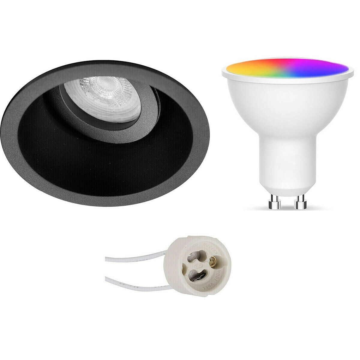 BES LED Voordeelset LED Spot Set GU10 - Facto - Smart LED - Wifi LED - Slimme LED - 5W - RGB+CCT - Aanpasbare Kleur - Dimbaar - Afstandsbediening - Pragmi Zano Pro - Inbouw Rond - Mat Zwart - Kantelbaar - Ø93mm