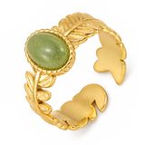 Deja Jewels Goudkleurige Verstelbare Damesring met Groene Steen en Bladmotief