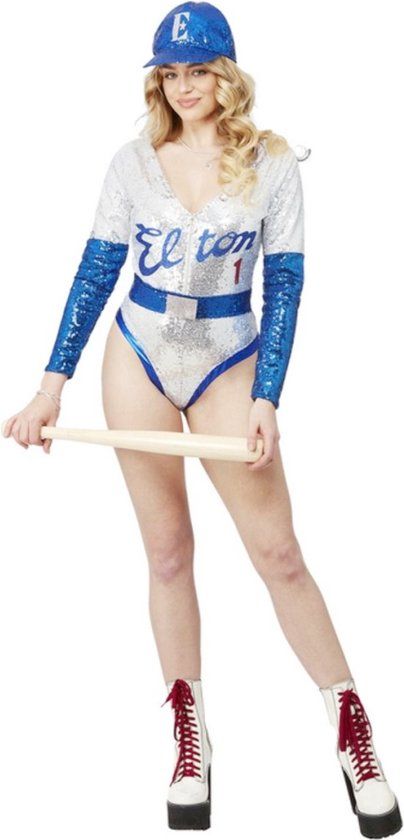 Smiffy's Elton John Homerun Glitz And Glam Baseball Kostuum - Vrouw - Blauw/Zilver - Maat M