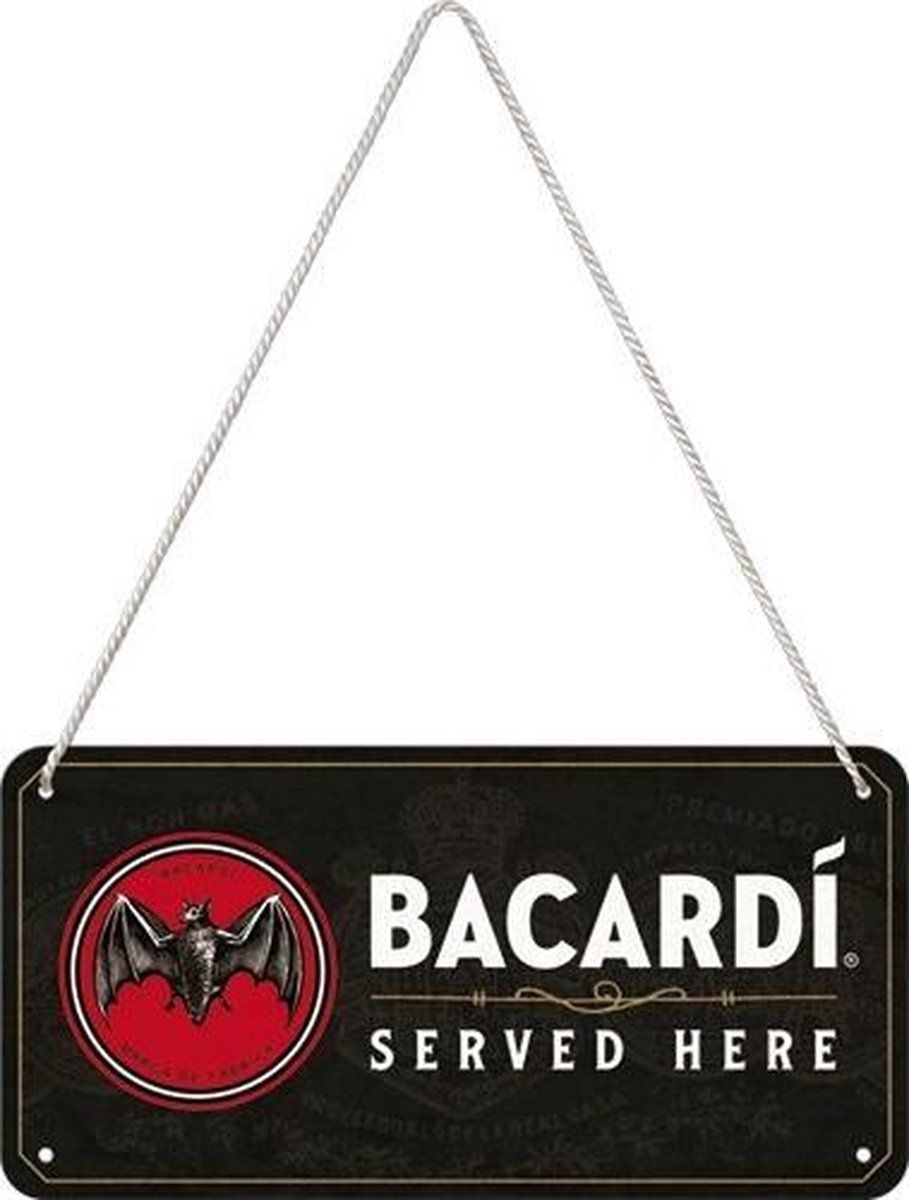 Nostalgic Art Wandbord - Bacardi Served Here (hanging Sign) 10x20cm - Zwart - Metaal