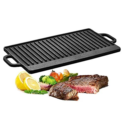 Velaze Gietijzeren Griddle, Grill Pan Griddle Grill met Dubbele handgrepen, Nonstick Griddle Grill Gebruik Op Open Vuur & In Oven, Grilling Grill Perfect Voor vlees Steaks Vis En Groenten
