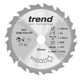 Trend Wood Blade voor draadloze cirkelzaag, diameter 168 mm, boring 20 mm, 16 tanden, 1,8 mm dikte, haak 20°, TCT, grove afwerking, CSB/16816T