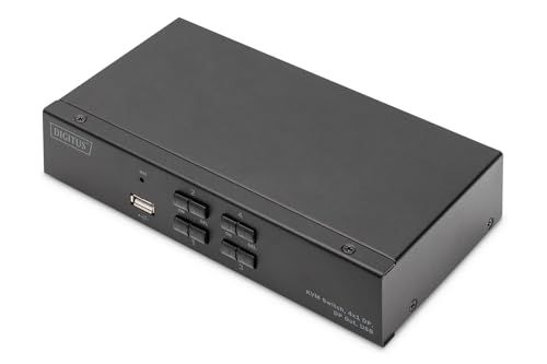 DIGITUS Displayport KVM Switch - 4-Port Single-Display - 4 PC 1 Monitor - 1x Muis, Toetsenbord & Audio voor 4 Computers - UHD 4K@60Hz (4096 x 2160p) - Hot-Key Switch - 1x USB 2.0 Hub - Zwart