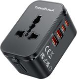 Travelhawk Wereldstekker met 2x USB-C en 2x USB Poort - Zwart