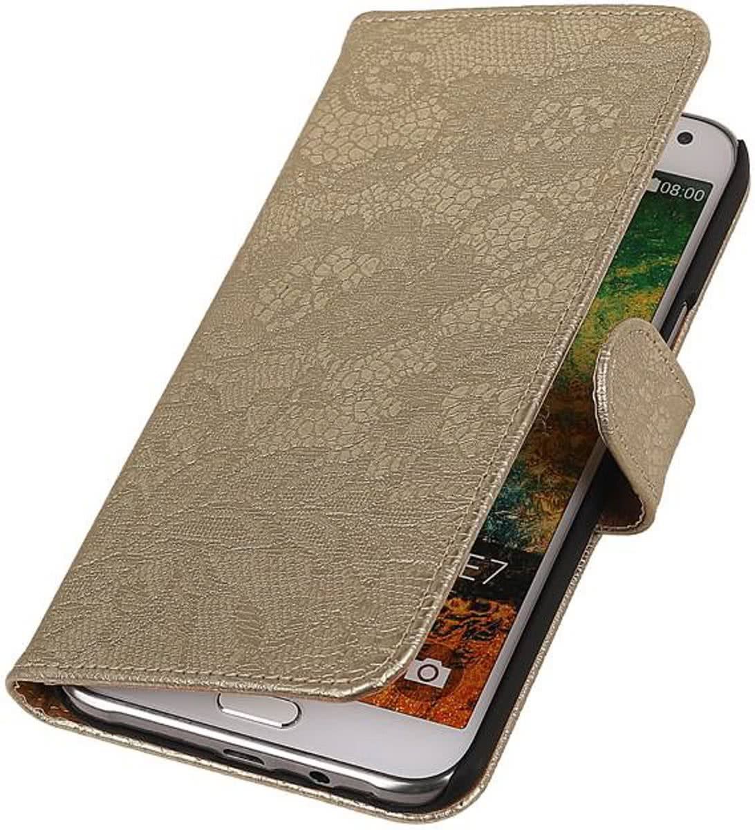 Best Cases Samsung Galaxy E7 - Lace Bloem Design Goud - Book Case Wallet Cover