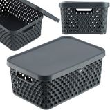 KADAX Opbergmand, mand met deksel, opbergkist, opbergdoos van plastic, moderne plankmand, container met ventilatiegaten (4,5 l, grijs)