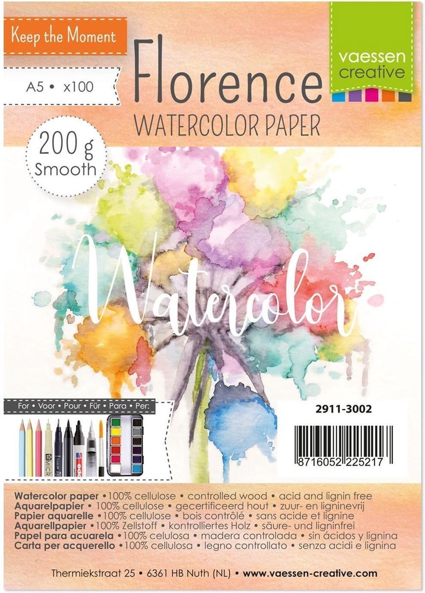 Vaessen Creative 2911-3002 Florence aquarelpapier A5 in ivoor wit, van 200 g/m2 glad papier, 100 vellen voor aquarelschilderen, handlettering en borstel lettering