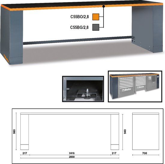 Beta 2.8-m-lange werkbank, voor werkplaatsombinaties C55BG/2,8