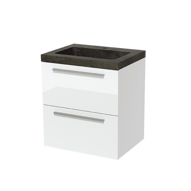 Maxaro Badkamermeubel 60cm Modulo Hoogglans Wit 2 Lades Vlak Wastafel Natuursteen Blue Stone