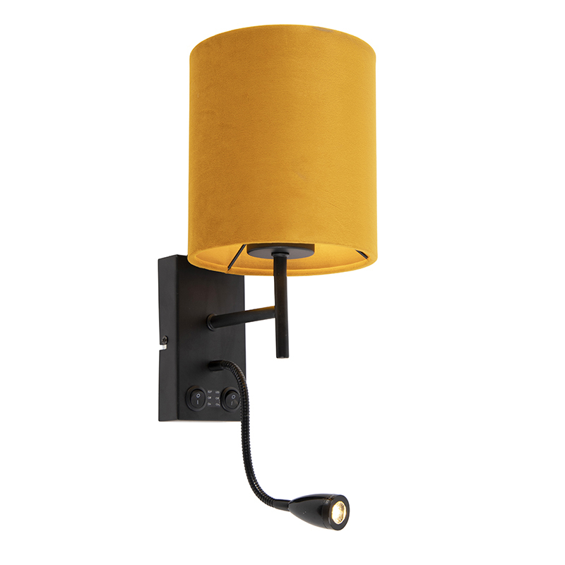 QAZQA Moderne wandlamp zwart met velours oker kap - Stacca